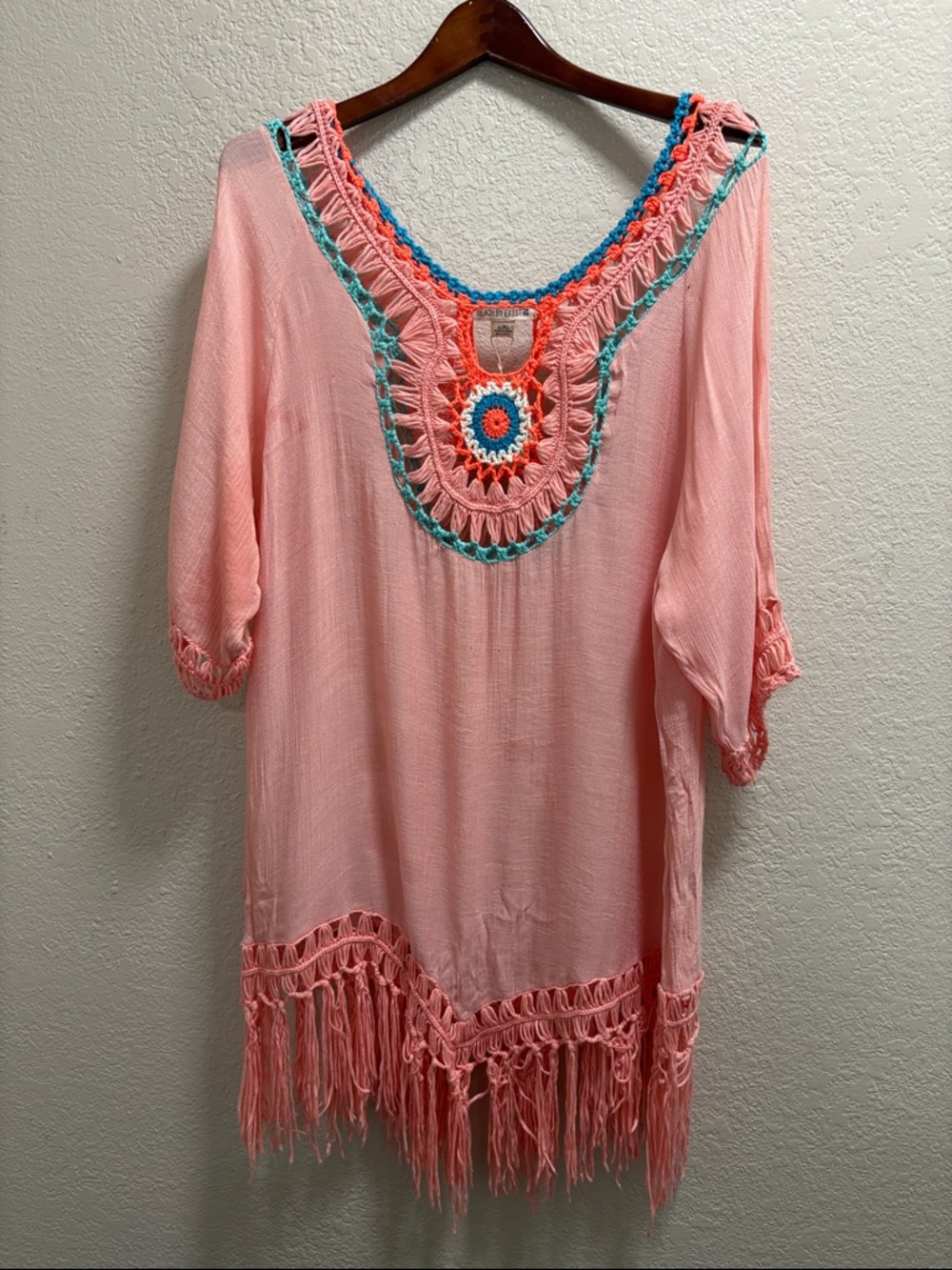 Beach By Exist Pink Fringe Tunic with Multicolor Crochet Neckline WORN ONCE
